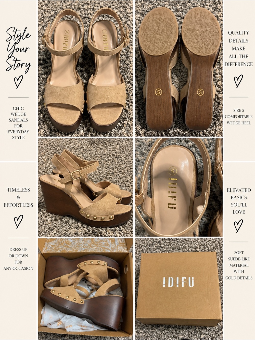 IDIFU Tan Suede-Look Platform Wedge Sandals with Gold Stud Accents